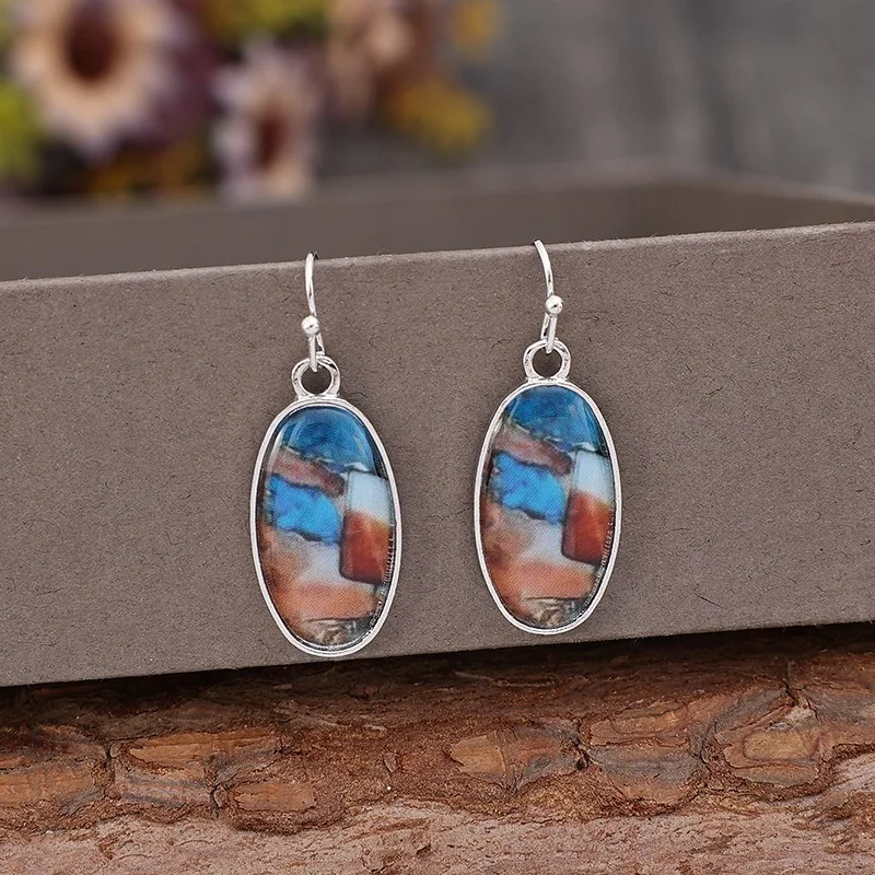 Vintage Bohemian Silver Color Metal Paste Multicolour Stickers Pattern Dangle Earrings for Women Jewelry