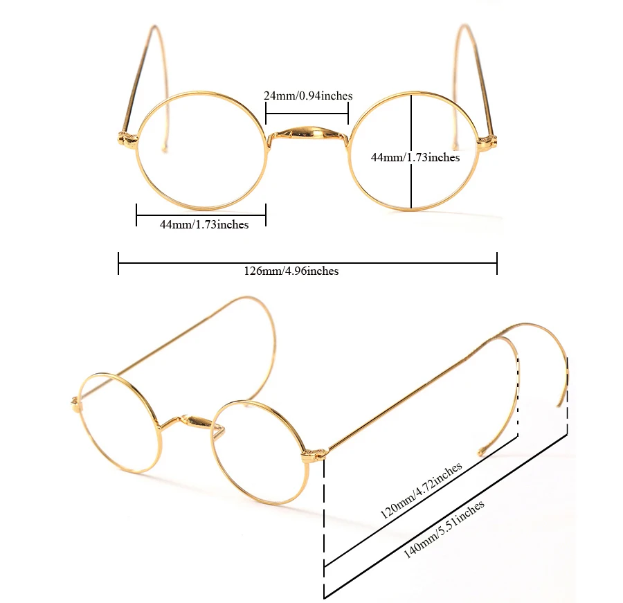 44mm Round Vintage Gold Wire Rim Eyeglasses without Nose Pads, Optical Frame with Cable Temples for Secure Fit