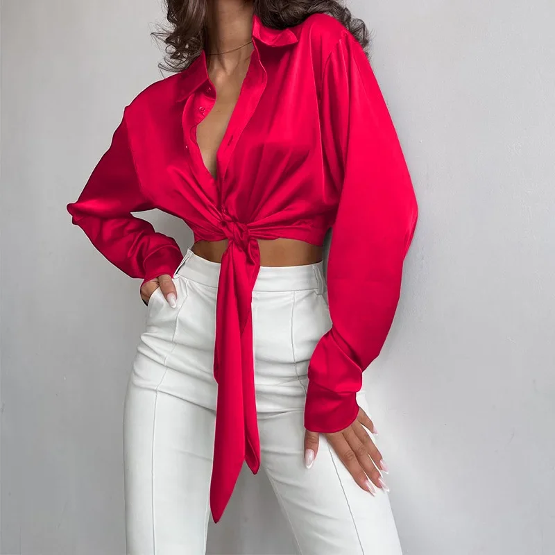 Elegant Soft Satin Silk Women shirt Blouse Solid Color Single Breasted Lace Up Front Crop tops