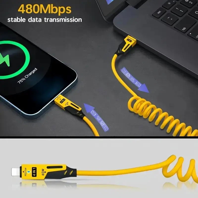 4 في 1 65 واط كابل شحن متعدد المنافذ USB نوع C شحن سريع كابل بيانات آيفون 16 15 شاومي سامسونج PD 27 واط كابل الإضاءة - 4