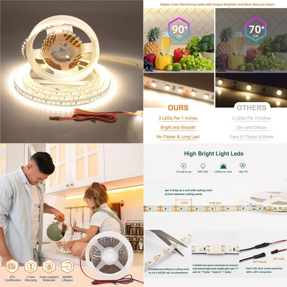 

Светодиодная лента 120 LED/м, натуральный белый свет, 1000 лм/м, 9.6 Вт/м, CRI 90+, 12В, 2835, диммируемая, для внутреннего освещения, сертифицирована ETL, без драйвера (4000K)