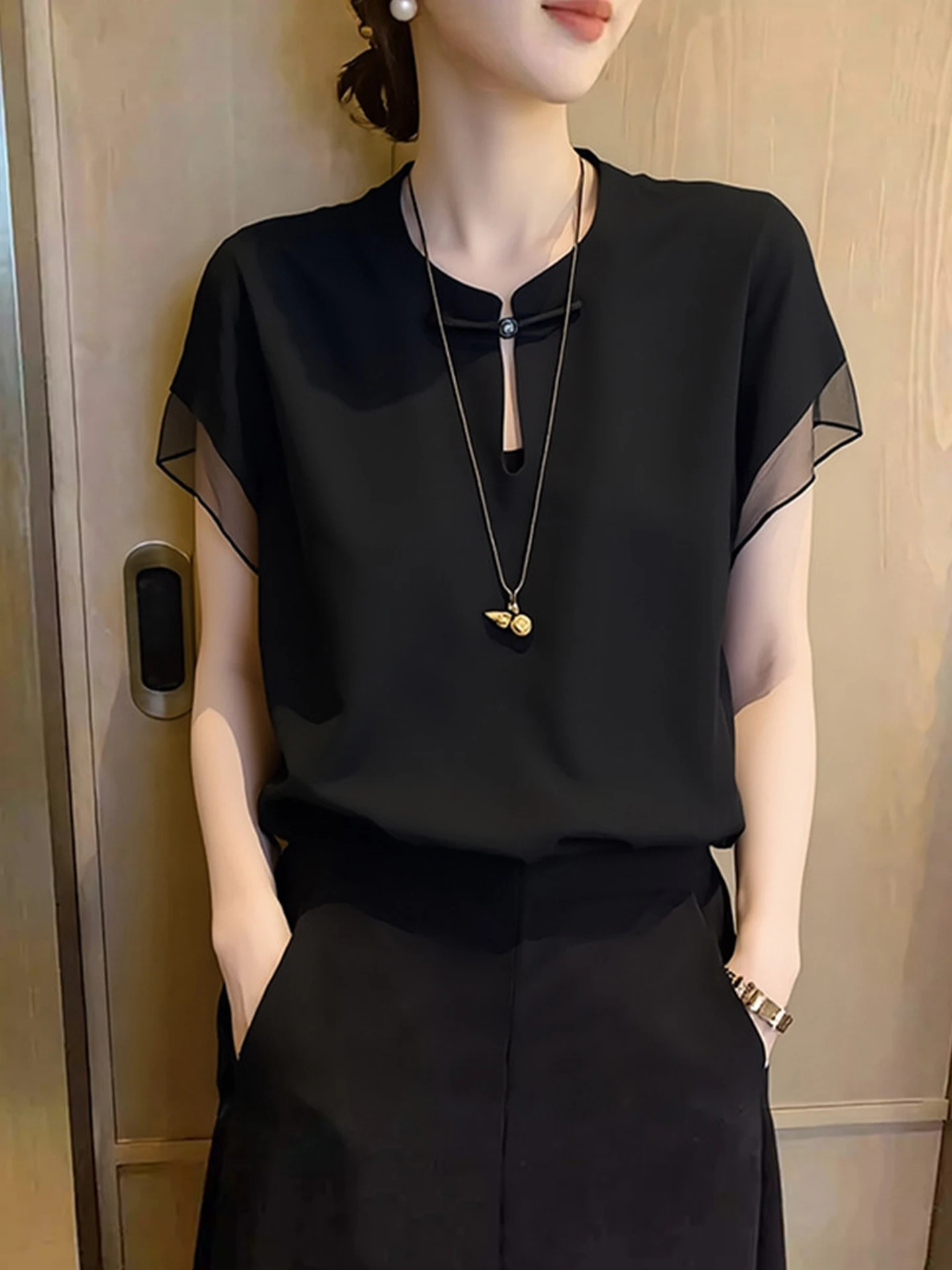 

Elegant Hollow out Short Sleeve Mesh Paneling Top Comfortable Women's Summer Fashionable Versatile T-Shirt Korean Style Loose...