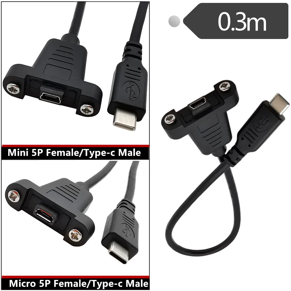 0,3m USB3.1 Typ-C Stecker auf Micro/Mini USB 2.0 5-Pin Buchse Panelmontage-Datenkabel für Mobiltelefone und Computer