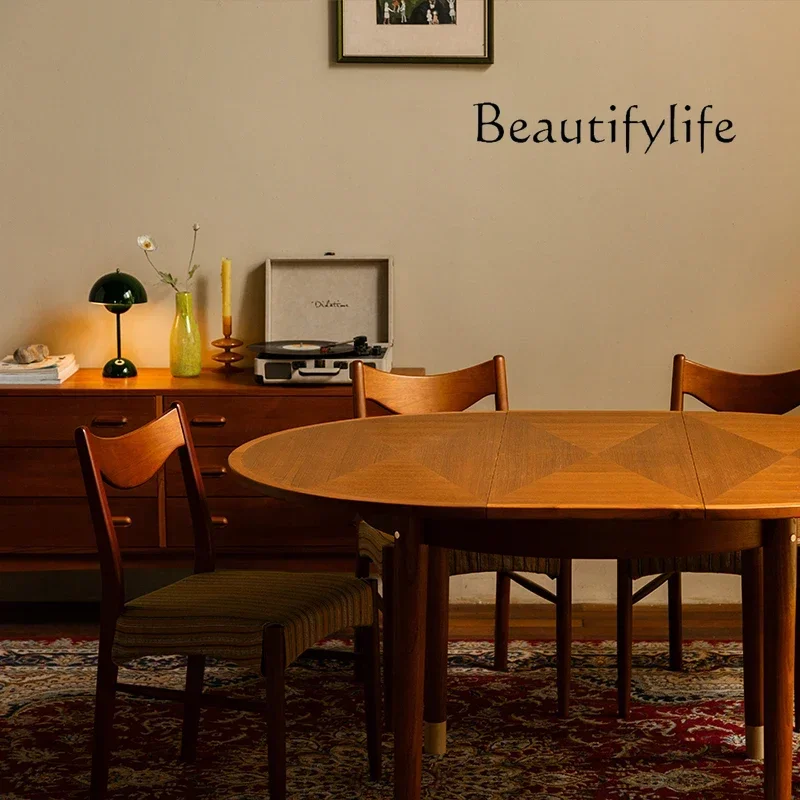 Q  Solid wood retractable dining table Small household dining table Middle ancient retro style teak round eating table
