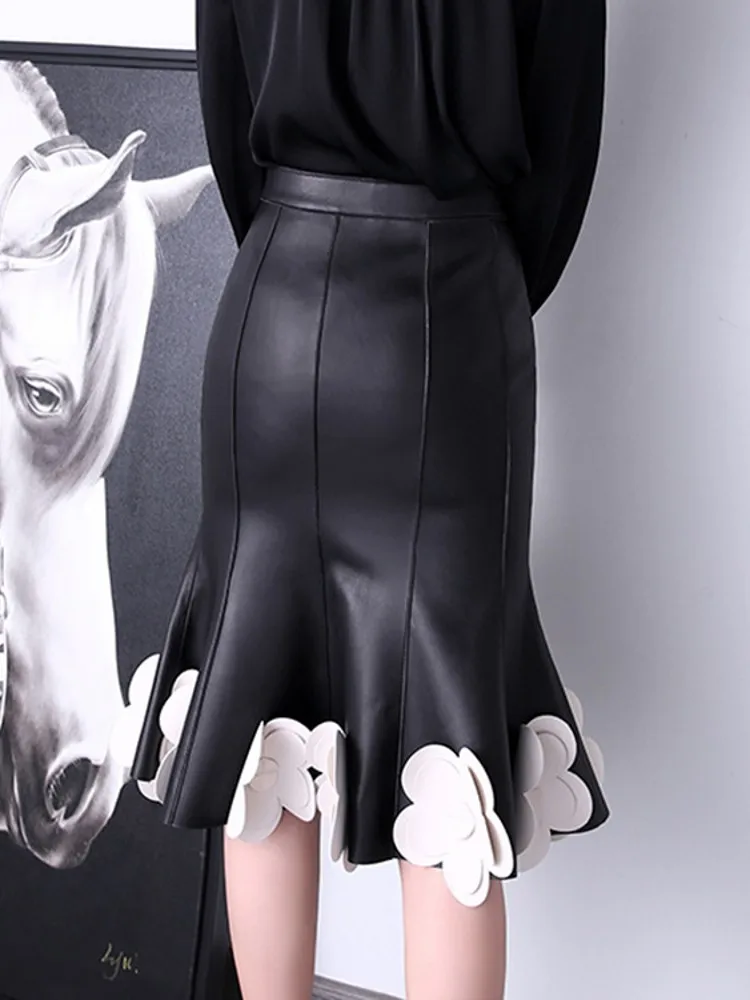 Elegant Women Slim Fit Wrap Mermaid Skirt Office Ladies Knee Length Flowers Spliced Mid Trumpet Sheepskin Genuine Leather Skirts