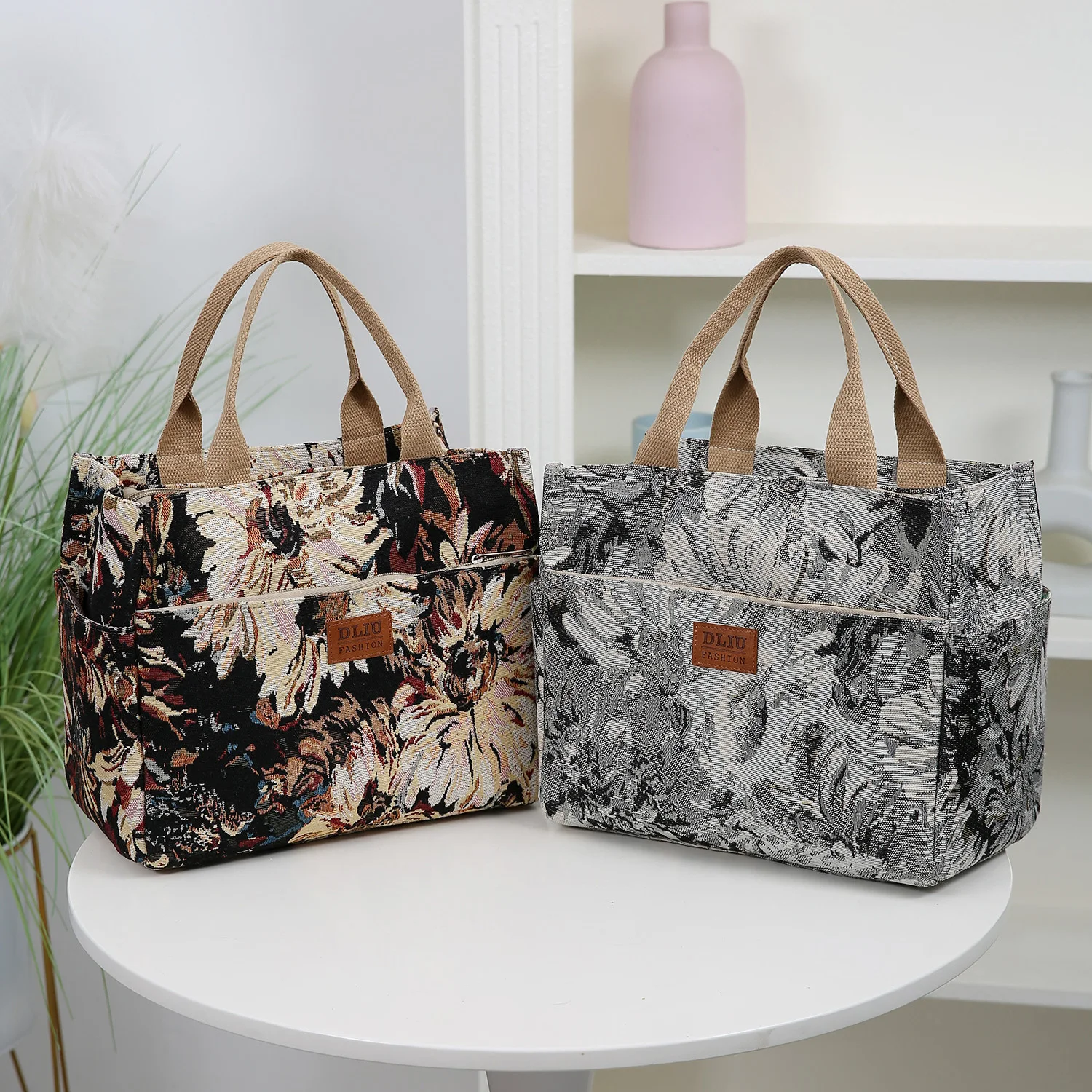 New Large-Capacity Thickened Fabric Handbag, Tote Bag, Shopping Bag, Miscellaneous Bag, Lunch Box Bag, Bento Bag, Floral Pattern