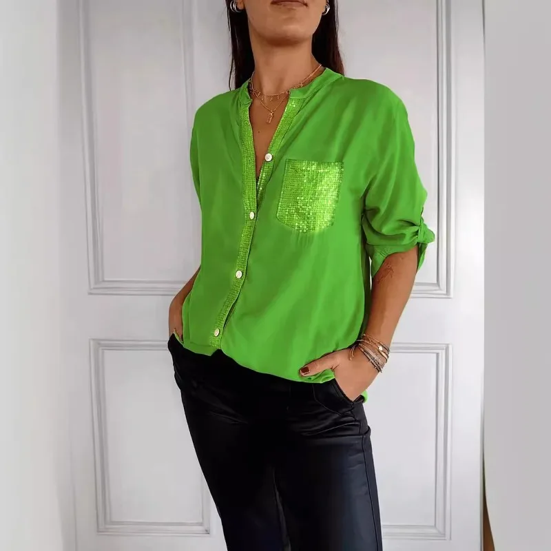 

Cotton V-neck Sequin Mid-sleeve Casual Top Summer Women Blouses Casual Loose Collar Button Printed Sun Protection Pocket Shirt