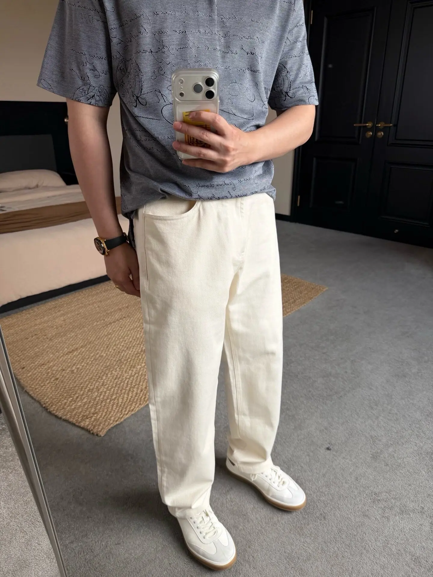Old MoneyItalian   Style Premium Leather Tag Straight Leg White Denim Jeans for Men Casual High Quality Pants