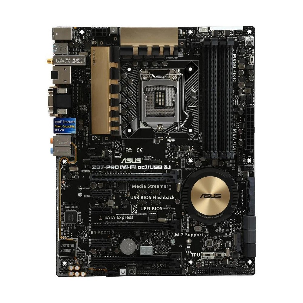 ASUS Z97-PRO (WI-FI AC)/USB 3.1 motherboard supports the LGA 1150 Core i7/i5/i3 with Intel Z97 chipset DDR3 PCI-E 3.0 HDMI ATX