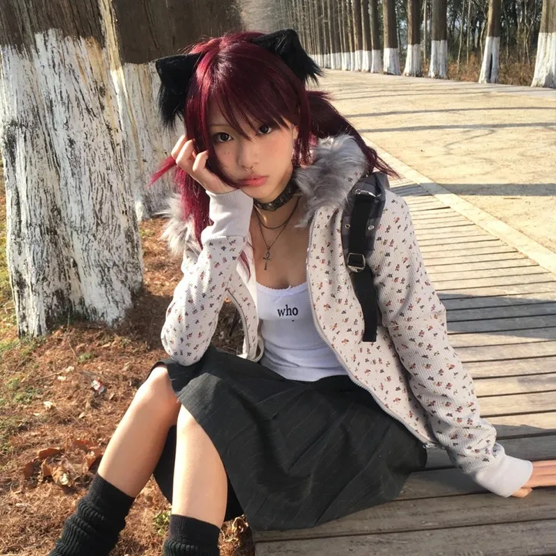 Karrram Japanese Y2k Fur Hooded Coat Vintage Harajuku Floral Winter Jacket 2000s Aesthetics Rhinestone Print Outerwear Fairycore