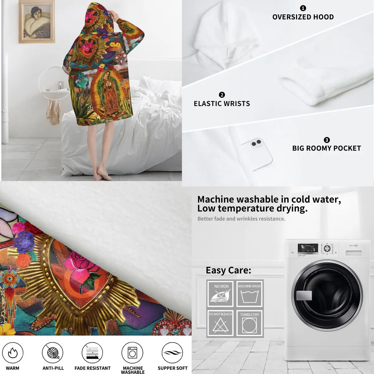 Virgin Our Lady Of Guadalupe Mexican Wearable Blanket Hoodie Warm Cozy Large Blanket Sweatshirt Thick Fleece Hooded Blanket - view 6
