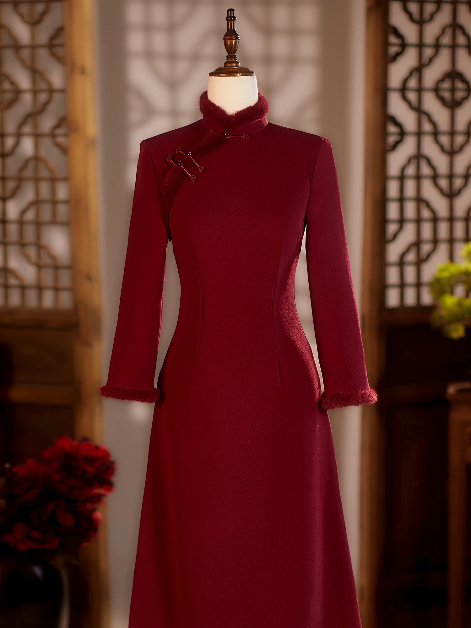 

Wedding Dr Warm Fce Thiened Winter Materni Qipao Long Sve Long Dr Vintage Sle Polyester Spandex Blend