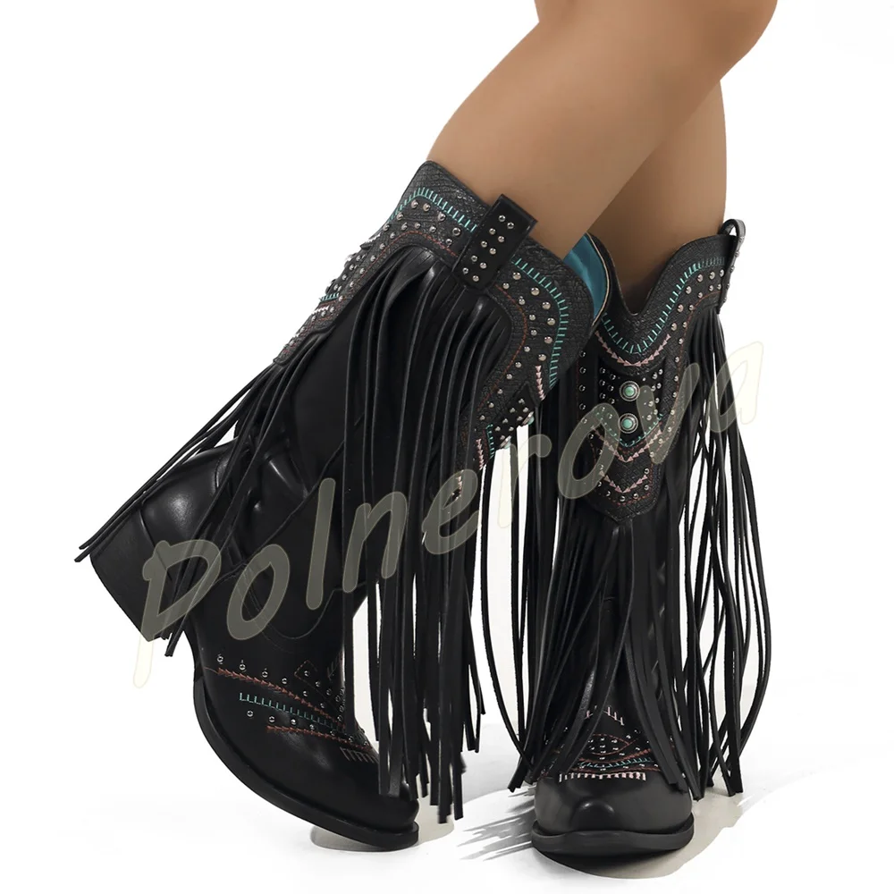Fringe Embroidered Western Cowboy Boots Rivet Turquoise Decor Pointed Toe Mid Calf Boots Vintage Women Block Heel Cowgirl Shoes