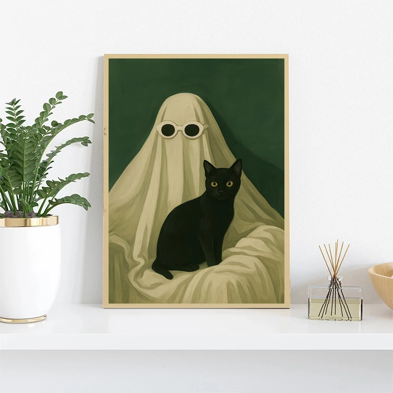 أسود القط شرب النبيذ الأحمر التدخين أكل البيتزا شبح اليقطين المشارك طباعة حائط لوح رسم صورة فنية غرفة المعيشة ديكور المنزل #2