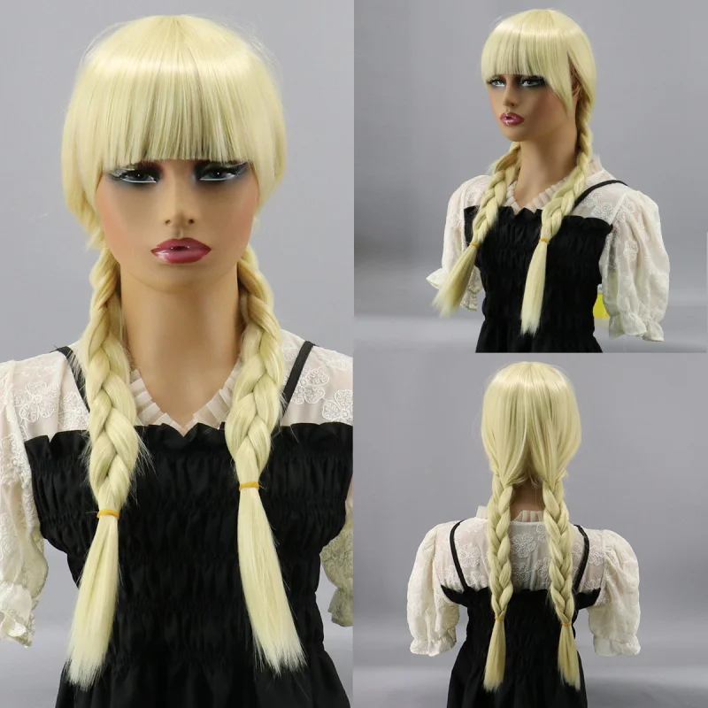 

European and American Style Long Hair Wig with Bangs for Women Light Yellow Wig Braid Head Cover