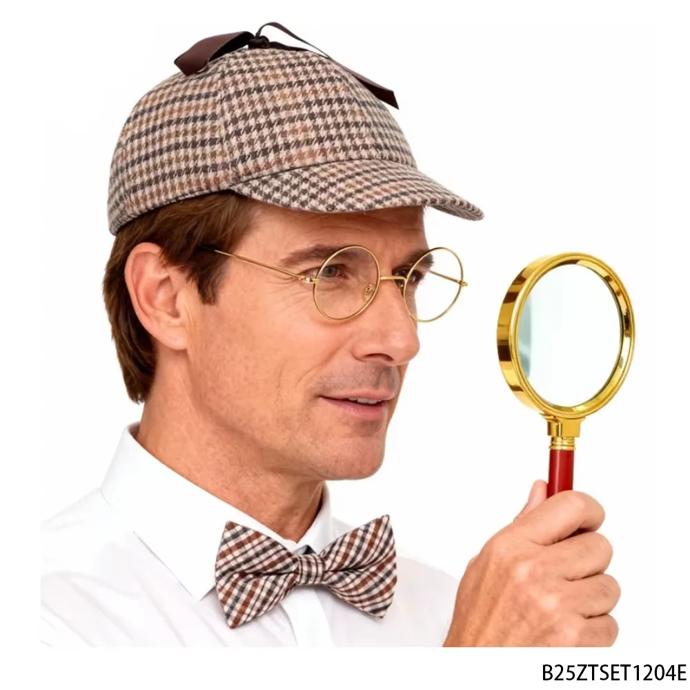 

PESENAR Это винтажный детективный набор из четырех предметов из Англии, включая клетчатую шляпу, галстук-бабочку, увеличительное стекло и очки.