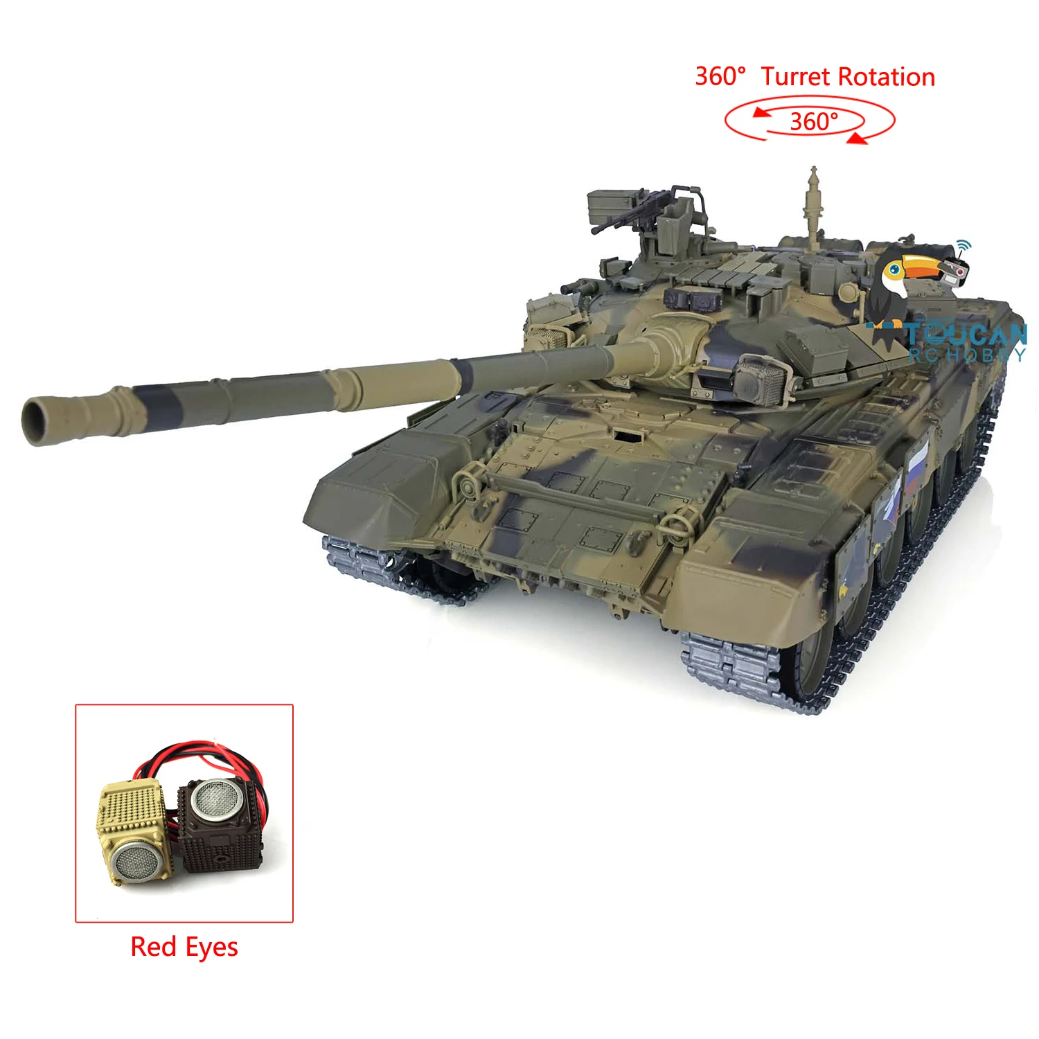 HENG LONG 1/16 Scale 7.0 RC Tank Model Upgraded Russia T90 RTR Radio Control Tank 3938 W/ 360° Turret Red Eyes Toy TH17848