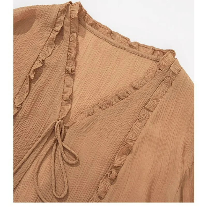 Summer Shirts Women Long-sleeved Tops Design Sense Niche Casual Fashion Sunscreen V-neck Crimping Flared Sleeves Strap Design