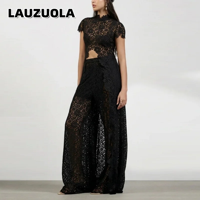2 Piece Women Long Shirt And White Leg Pants Matching Set Fashion Elegant Black White Lace Holoow Out Pant Suit Outfits