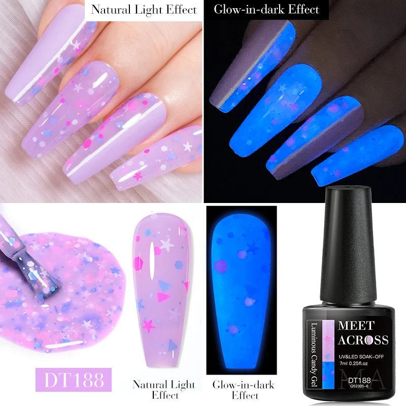 MEET ACROSS 7ml Luminous Candy Gel Nail Polish Spring 6 Colors Glow-in-dark Semi Permanent Soak Off UV Gel Nail Art For Manicure