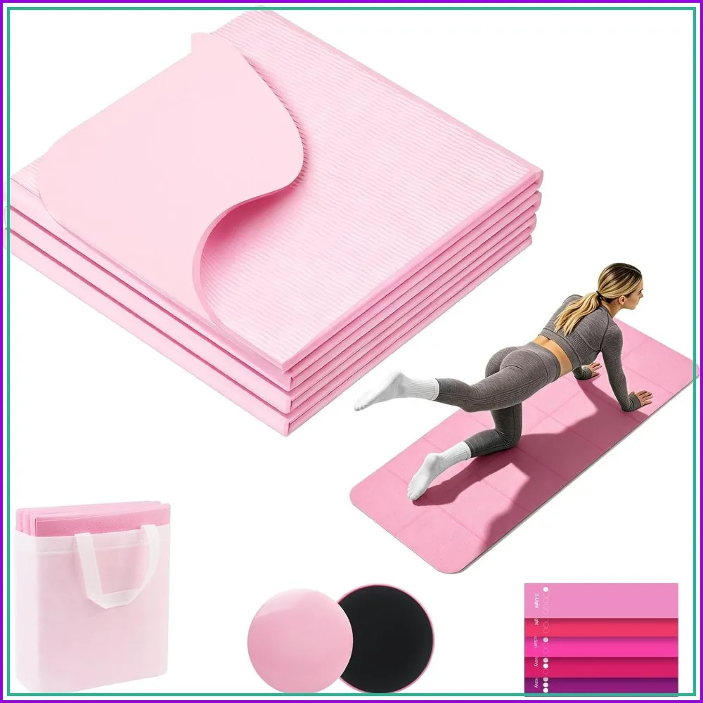 Foldable Yoga Mat with Resistance Bands & Sliding Discs, 0.24" Thick TPE, Non-Slip, Portable for Yoga, Pilates, Home Gym & Travel (72"x24")