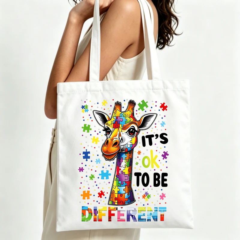 giraffe graphic canvas tote bag with puzzle piece pattern, ideal for casual daily use and shopping outings