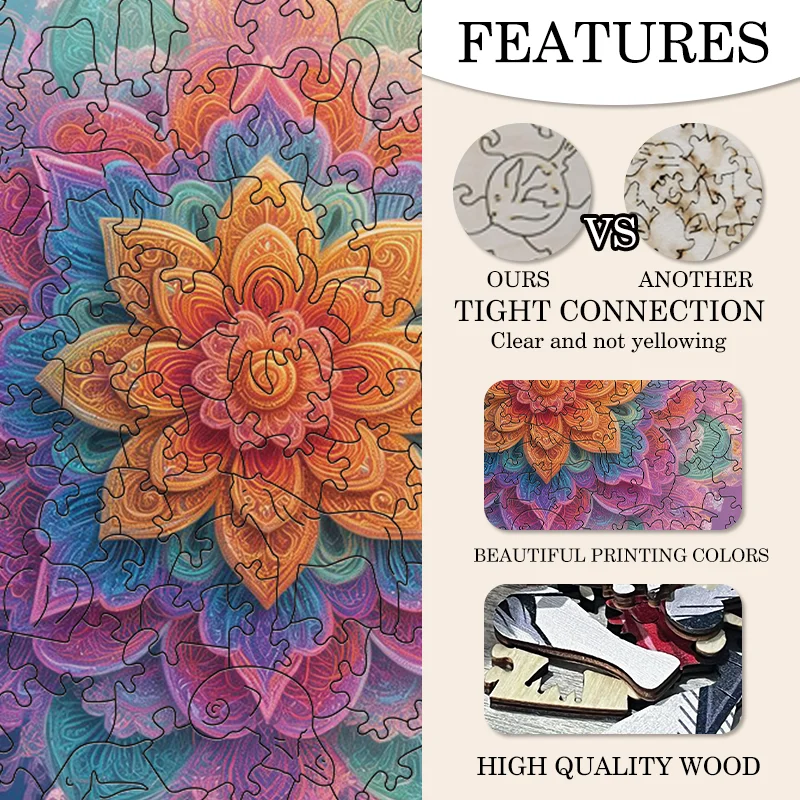 Mandala-Blumen-Holzpuzzle – Party-Unterhaltung und Stressabbau-Spiel für Entspannung und Spaß
