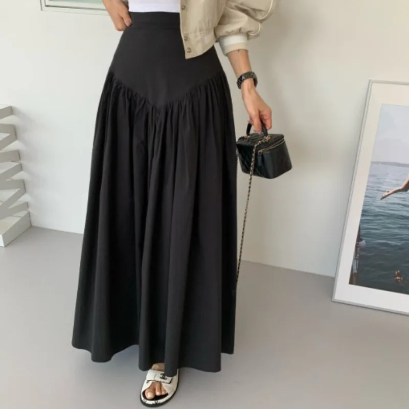 

Chic High Waist Knee-Length A-Line Skirt Women's Vintage Pleated Design Versatile f-length Commute Korean Sle Pure Color