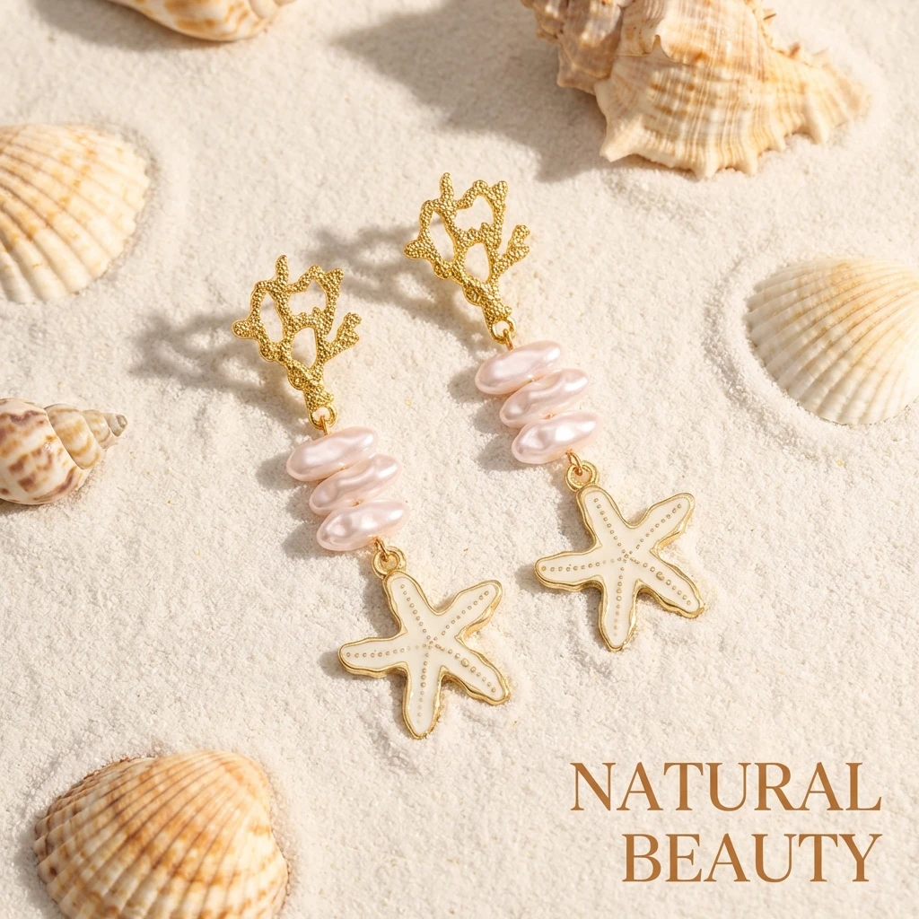 Goldfarbene Korallen-Seestern-Ohrhänger für Damen, trendige weiße Emaille, glänzende Imitationsperlen-Tropfenohrringe, hübscher Strandschmuck – Detail 10