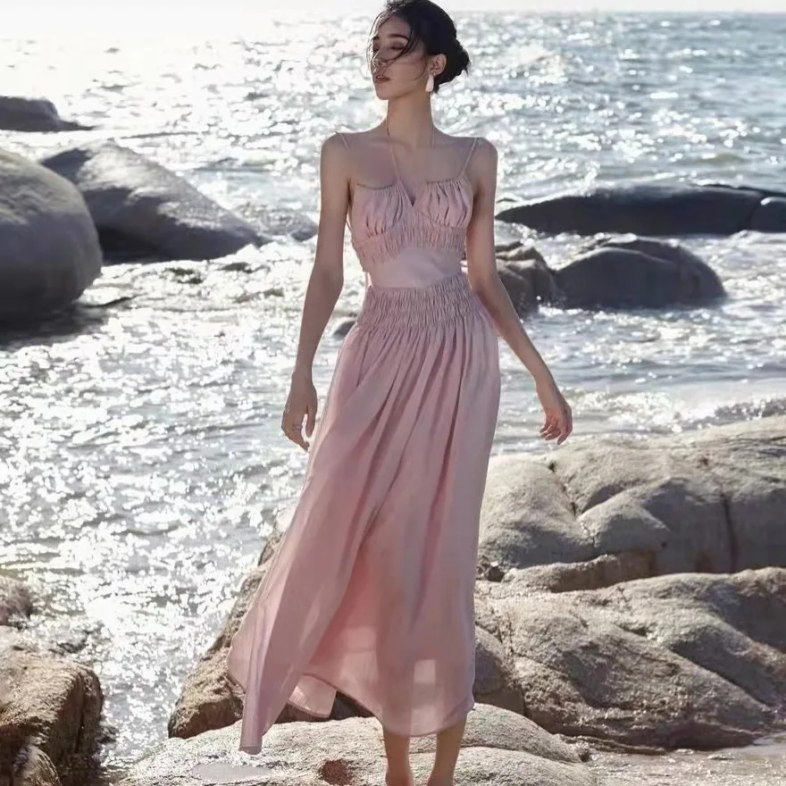 Fairy Temperament Niche Pink Suspender Dress Spring And Summer New Pleated Waist Thin Long Skirt Women's New