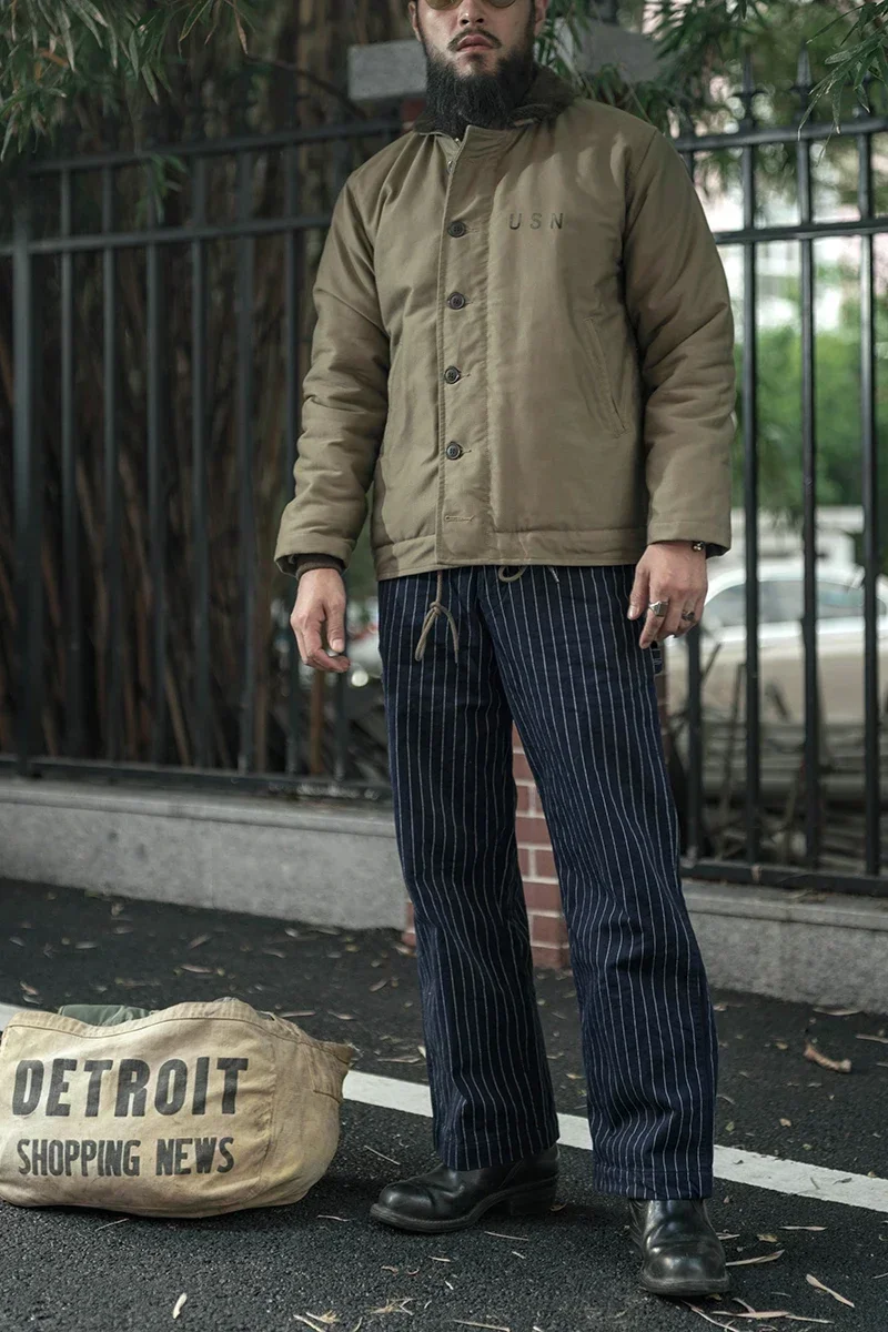 ทนทาน Bronson Coke Stripes ช่างทํางานกางเกงเอวสูงขากว้างสไตล์วินเทจกางเกงลําลองผู้ชาย