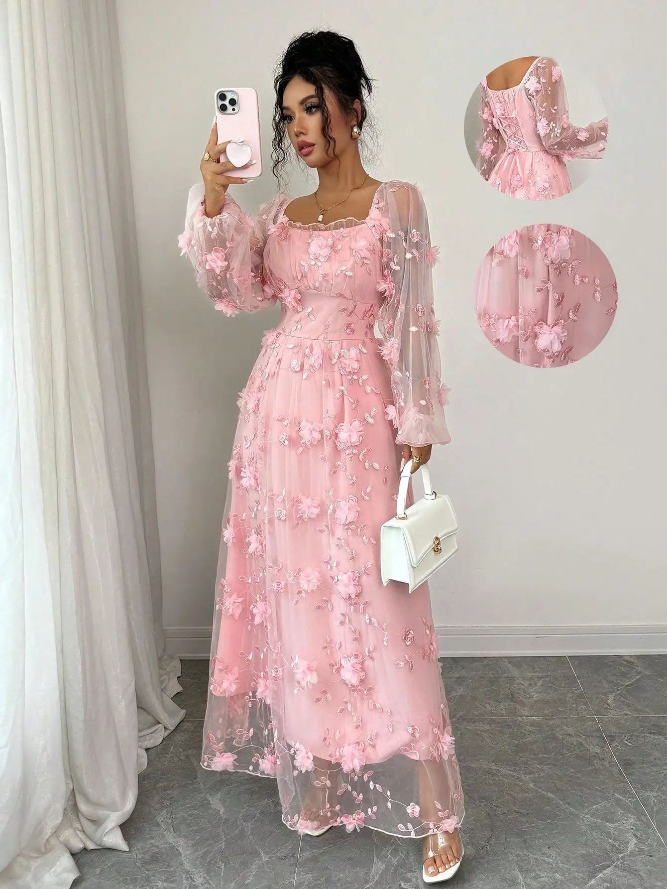 

Розовое макси-платье из тюля с 3D-вышивкой цветами, квадратным вырезом и пышными рукавами