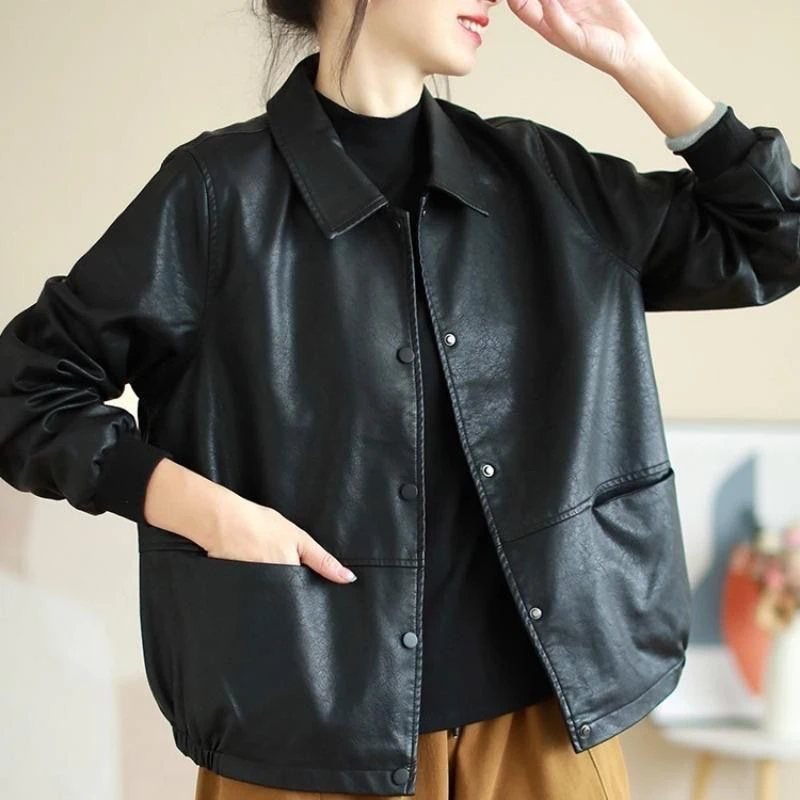 Fashionable Short PU Leather Jacket Women's Loose Fit Slimming Spring Autumn New Style Age-Defying Small Size Casual Style
