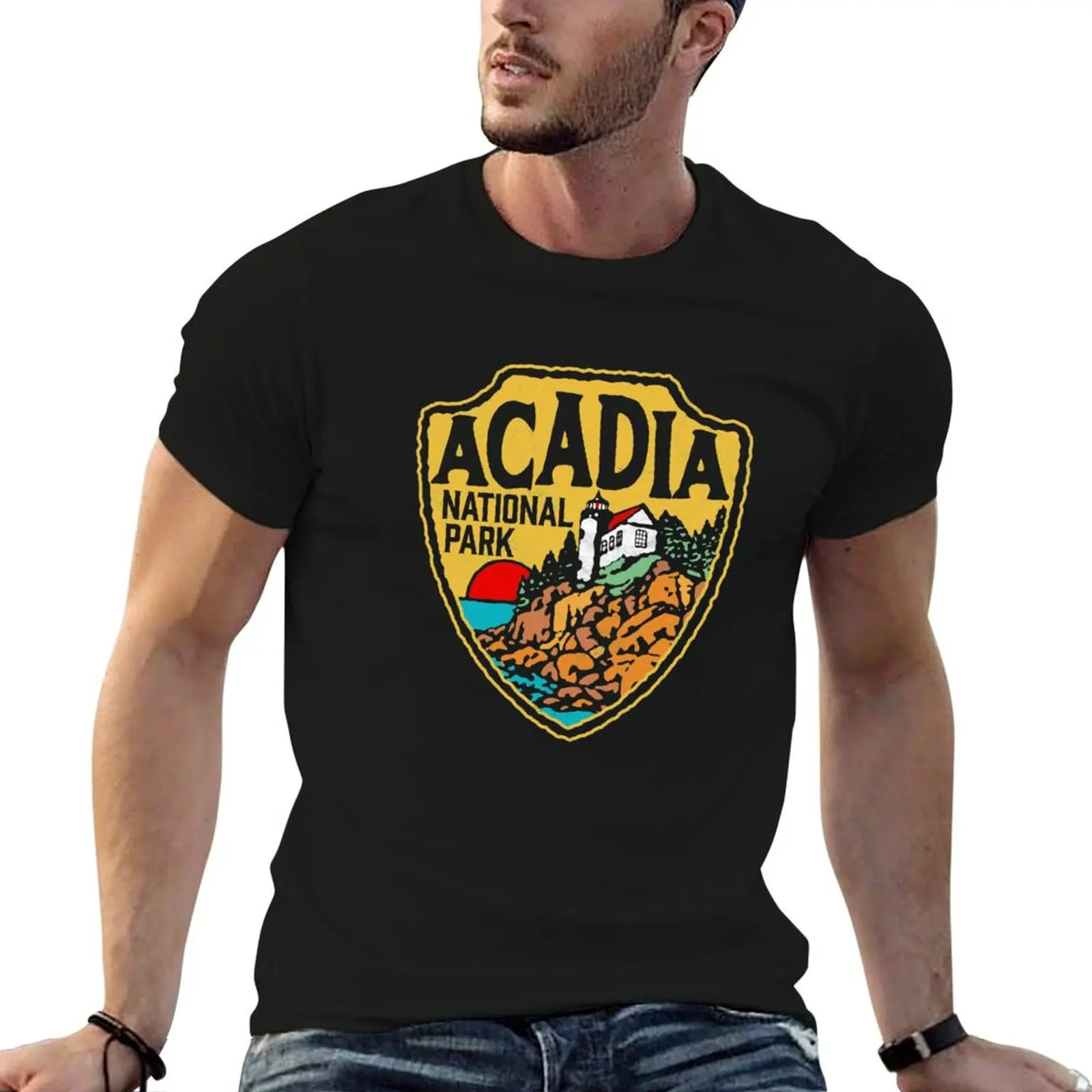 Acadia National Park Vintage Style Badge w/ Maine Coast & Lighthouse T-Shirt Summer Sports Quick Dry T-Shirt