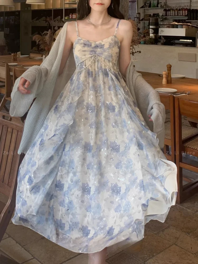 Elegant and Graceful High-waisted Ruffle Trim Sequin Print Slip Dress, A Fresh and Unique Long Dress Perfect for Summer
