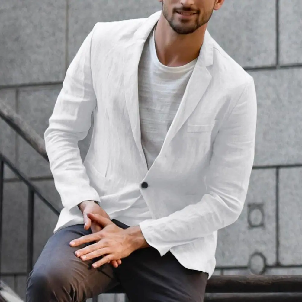 Cotton Linen Slim Blazer For Men Solid Color Long Sleeve Pockets Summer Blazer Coat Thin Male Casual Jacket Business Men Blazer