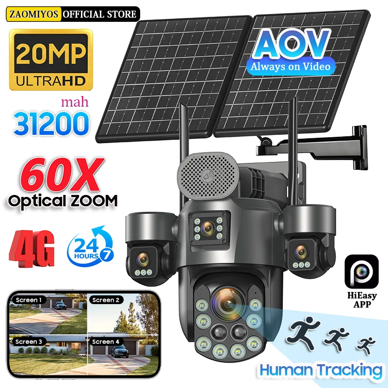 60X Optical Zoom Home Surveillance Solar Cameras 4G Security Protection Auto Track  24/7 Record 4 Screen/4 Lens CCTV PTZ Camera