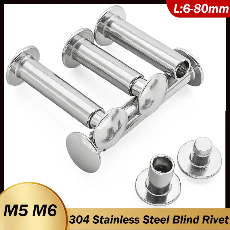 5/10/20Set 304 Stainless Steel Round Mushroom Head Semi Hollow Rivet Set M5 M6 Male and Female Blind Rivet Length:6-80mm