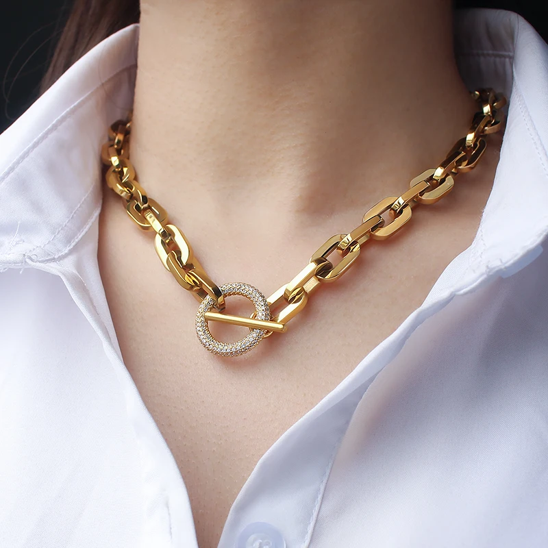 Unique Luxury Plated 18k gold Necklace Shiny Stone T Toggle Clasp Stainless Steel Necklaces Party Jewelry gifts for Women