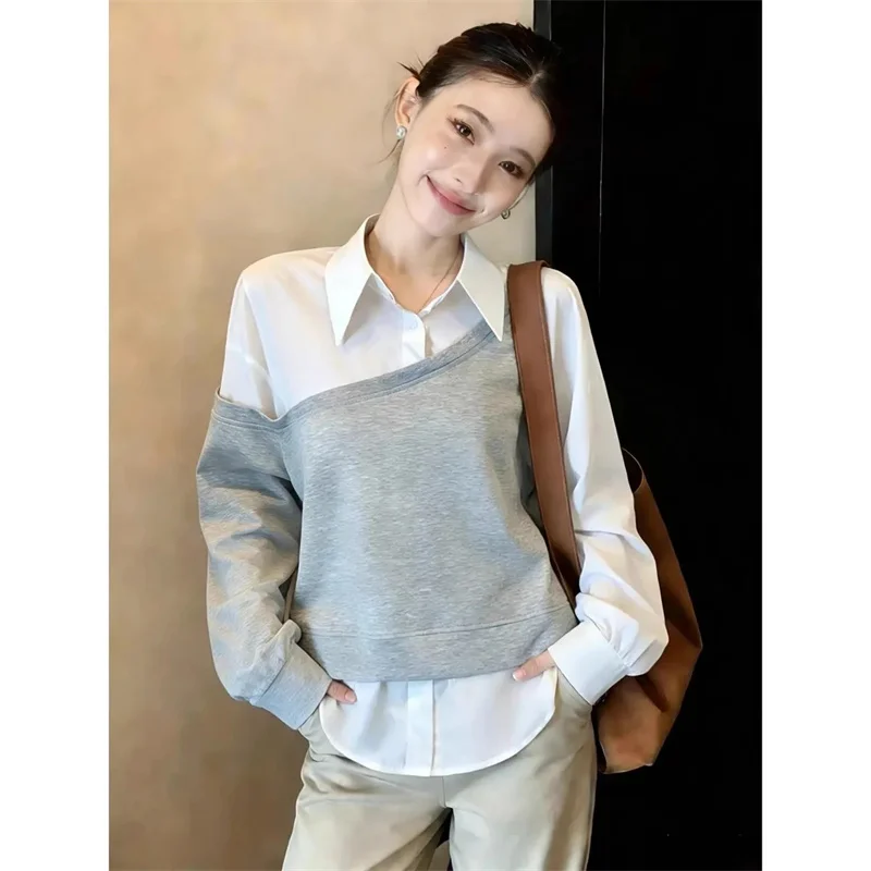 

Однотонная женская рубашка-обманка с эффектом двухслойности, новая модель, уникальный дизайн, с длинным рукавом, отложным воротником, декоративной строчкой, повседневная, комфортная.