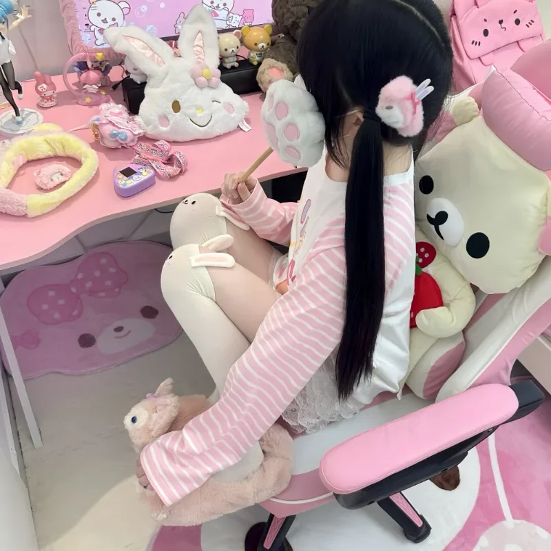 Japanese Kawaii Fairy Cartoon Print Streetwear Lolita T-shirts Lolita Vintage Stripe Tops Women Y2k Aesthetic Slim Harajuku Tees