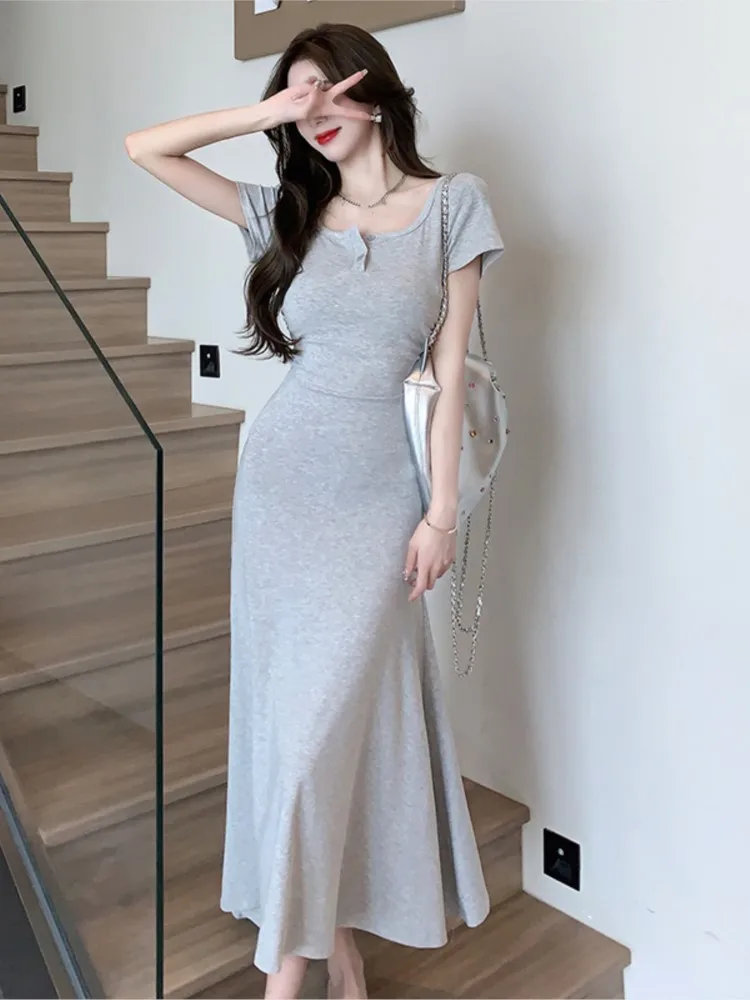 

Elegant New Wedding Mermaid Long Dress for Women Summer French Vintage Slim Short Sleeve Party Robe Fashion Female Holiday Cloth