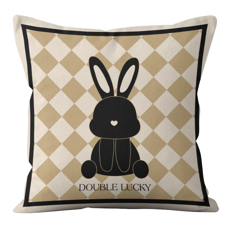 Modern Minimalist Plaid Rabbit Print Pillow Cover with Short Plush Fabric, Home Sofa, Car Cushion