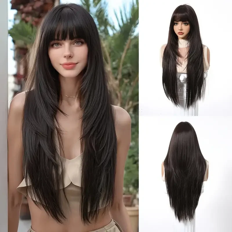 

Long Straight Dark Brown Synthetic Wigs with Bangs Silky Layered Wigs for Women Daily Party Use Natural Hair Wig Heat Resistant