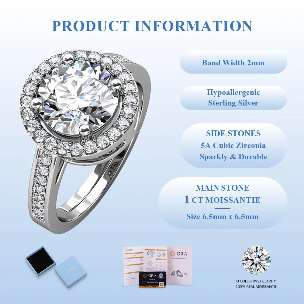 

Moissanite Round Brilliant Cut Halo Ring Eternity Wedding Party Jewelry 925 Sterling Silver with GRA Certified Durable