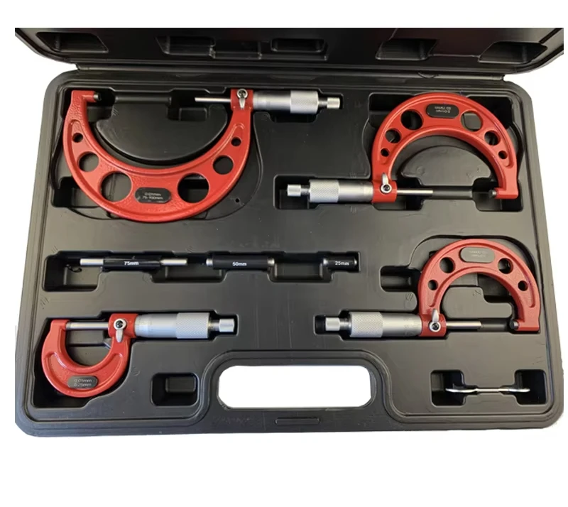 

A Set 0-25mm-50mm-75mm-100mm Outside Micrometer Set with Standards Ratchet Stop 0-100mm Range 0.01mm Graduation Micrometer