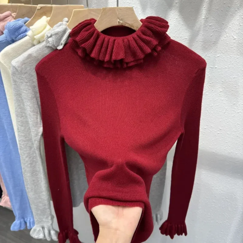 

Новинка 2025 года, осенняя вязаная женская высококачественная шерстяная рубашка с кружевным воротником и полуводолазкой с серьгами