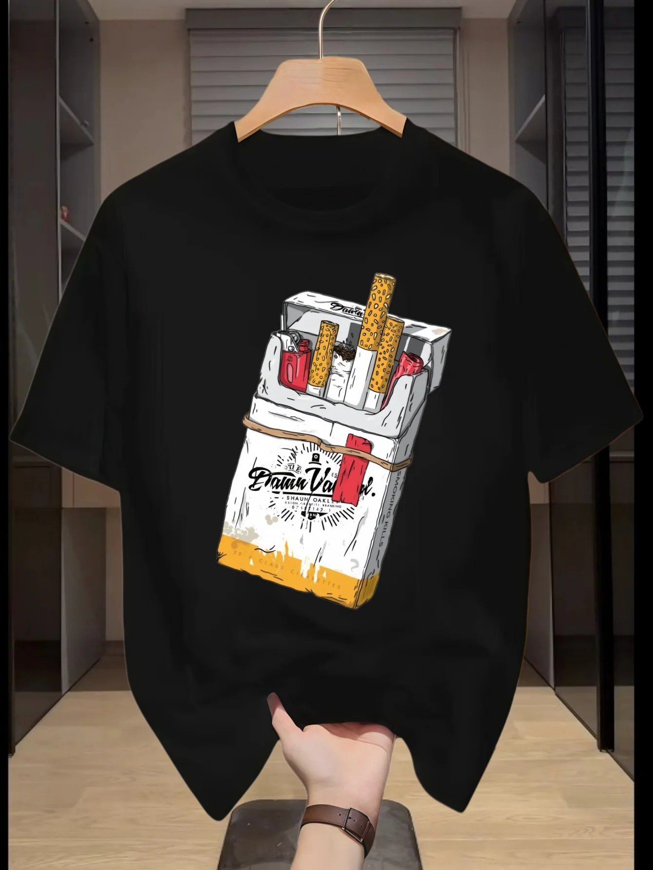 Men Retro Cigarette Pack Sketch Print T Shirt Light Cotton Short Sleeve Tee Hip Hop Street Style Daily Casual Male Summer Tops