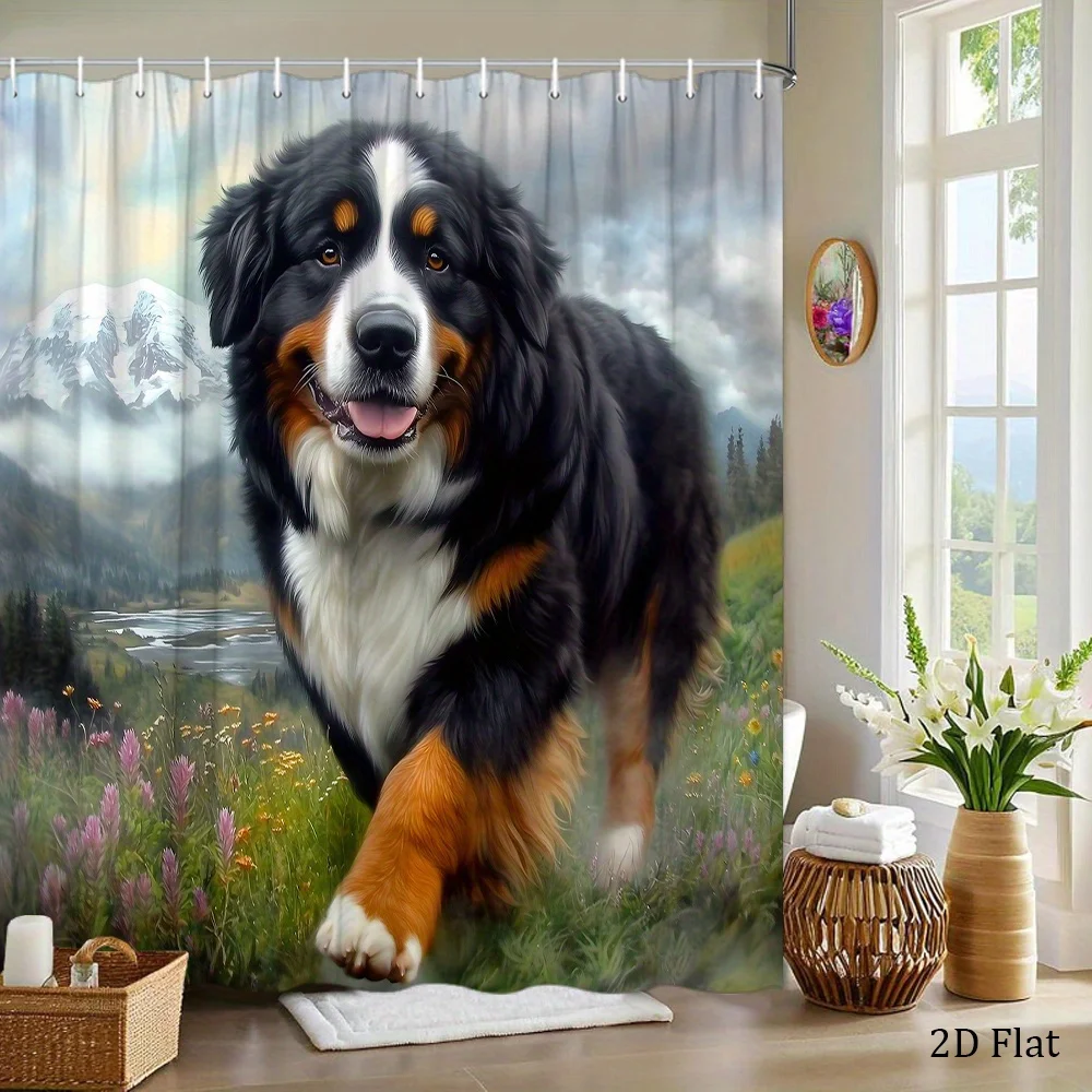 Bernese Mountain Dog Shower Curtain With Mountain Landscape And Flowers Artistic Pet Decor Waterproof Bathroom Gift Item