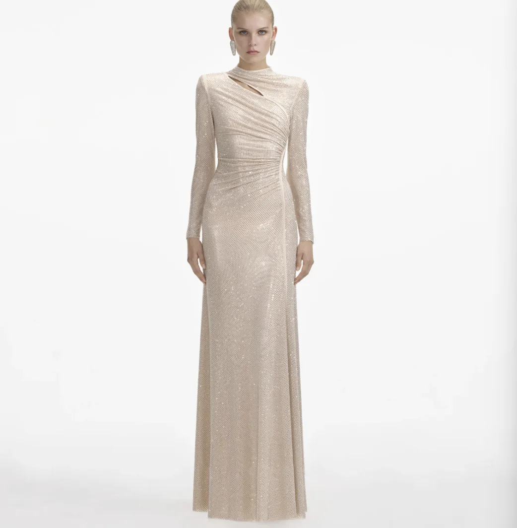 2026年新作 レディース セレブ風 セクシー 長袖 Oネック カットアウト ビーズ装飾 ブラック ミディ丈 ボディコン ドレス エレガント イブニング クラブ パーティー 衣装